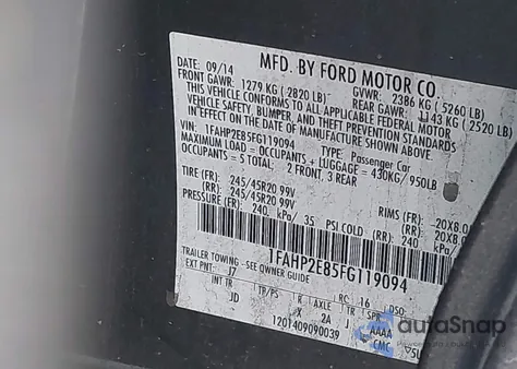 2015 Ford Taurus Sel from USA, damaged, VIN 1FAHP2E85FG119094